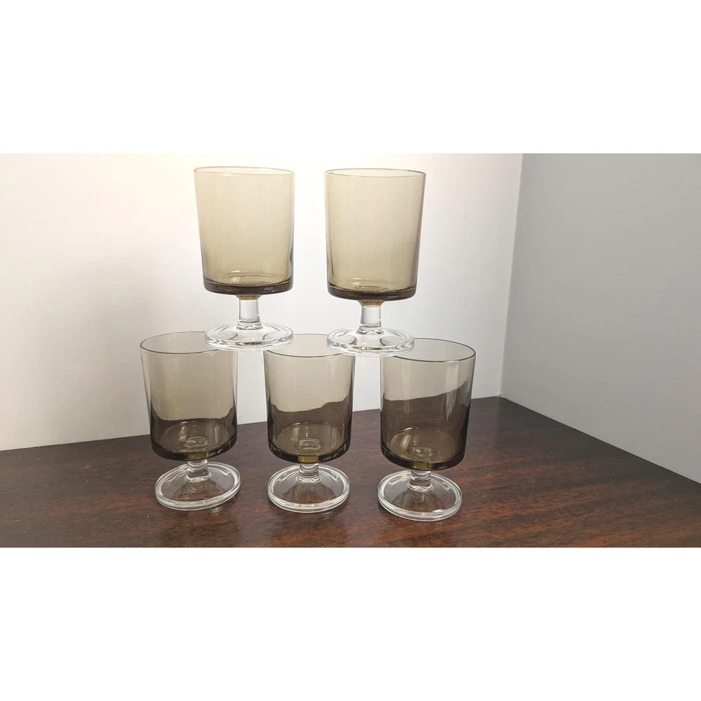 Vintage Smoked Brown Wine Glasses Set of 5 French Mid Century Barware Goblets